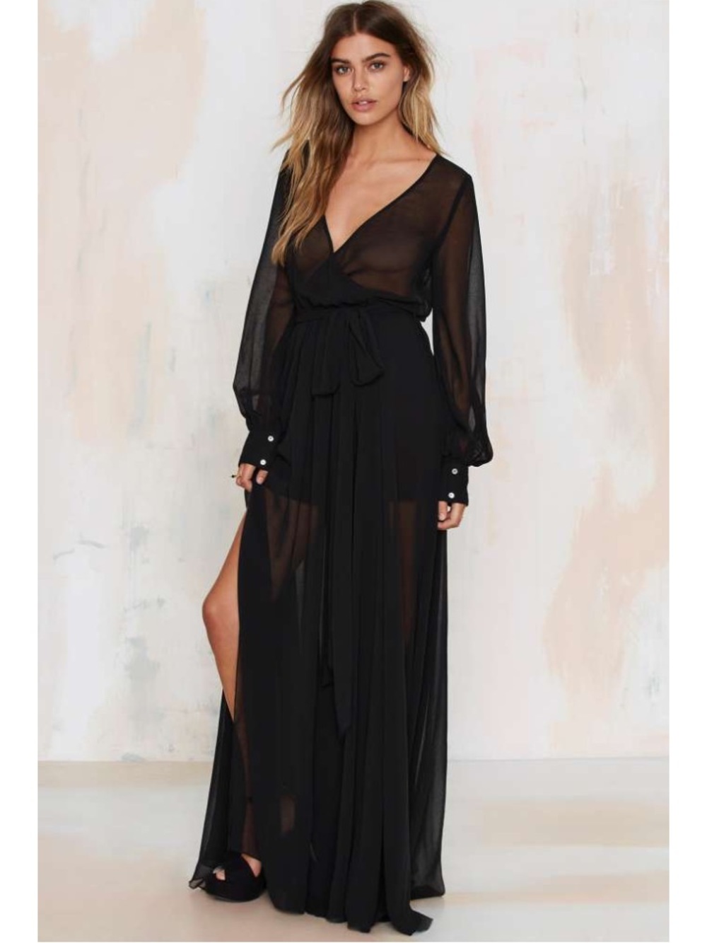 Nasty Gal Black Sheer Wrap Maxi Dress with Waist Tie